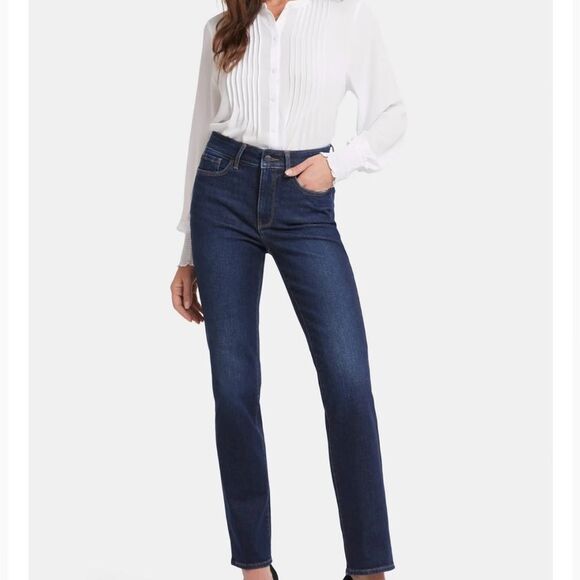NYDJ Marilyn Straight Jeans High Waist Stretch Dark Riverbridge 31" Inseam 10 - Picture 1 of 15